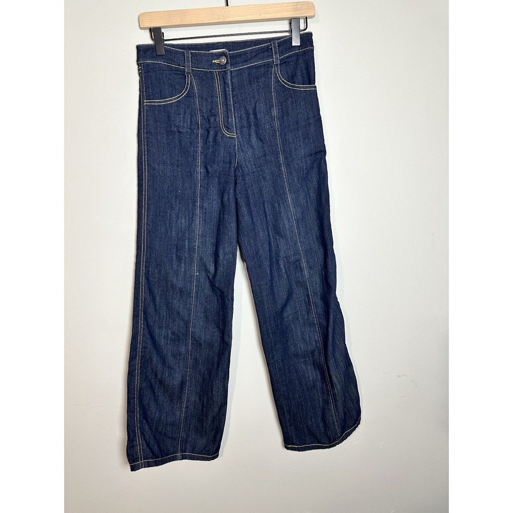 Cinq à Sept Dark‎ Wash Wide-Leg Cropped Trouser Jeans with Contrast Seams Size 0